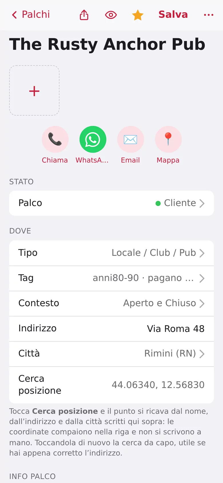 La scheda di un palco in MioPalco